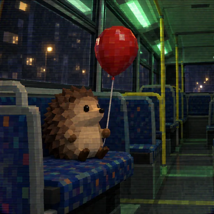 Hedge on a night bus holding the balloon