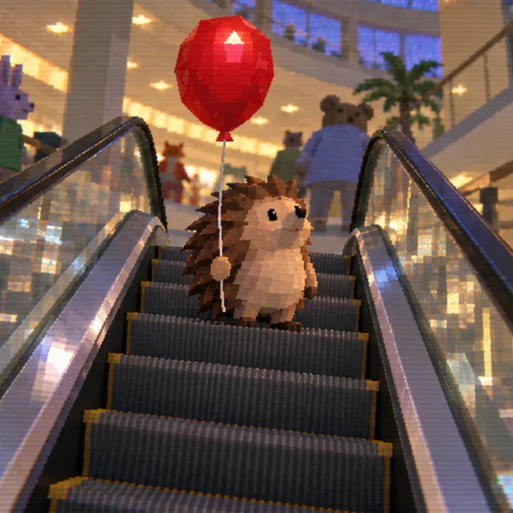 Hedge riding a mall escalator